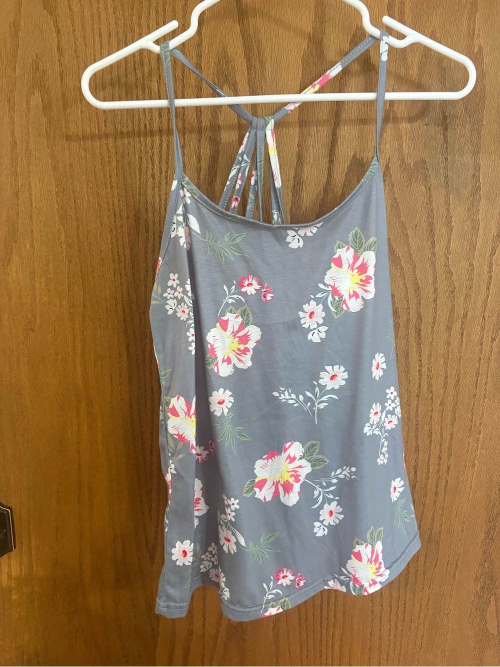 Floral Grey Spaghetti-Strap Tank Top - Pink & White Bloom